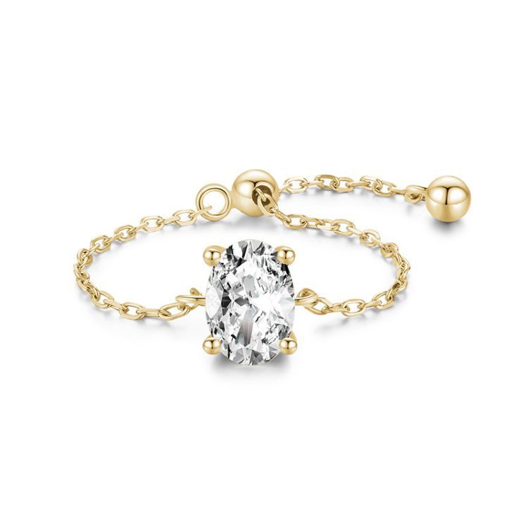 Verstellbarer Ring für Damen mit 14 Kara Goldkette und Ovalem Zirkonia Stein