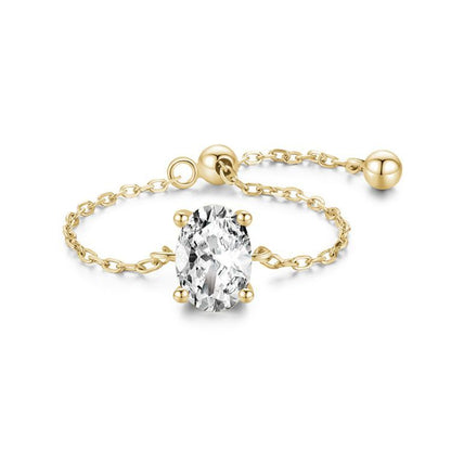 Verstellbarer Ring für Damen mit 14 Kara Goldkette und Ovalem Zirkonia Stein