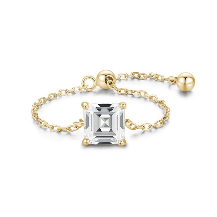 Verstellbarer Ring für Damen mit 14 Karat Goldkette und viereckigem Zirkonia Stein