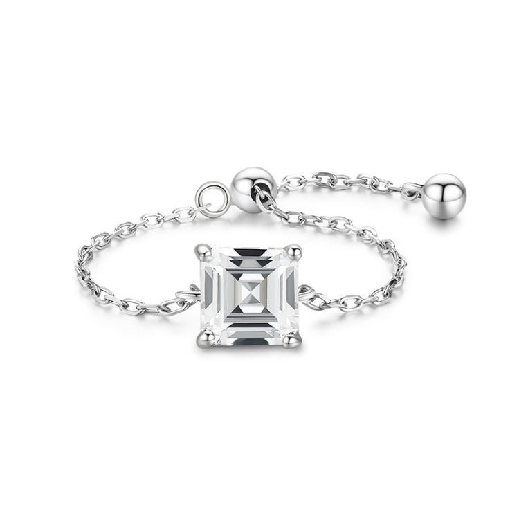 Verstellbarer Ring für Damen mit 925 Sterling Silberkette und viereckigem Zirkonia Stein